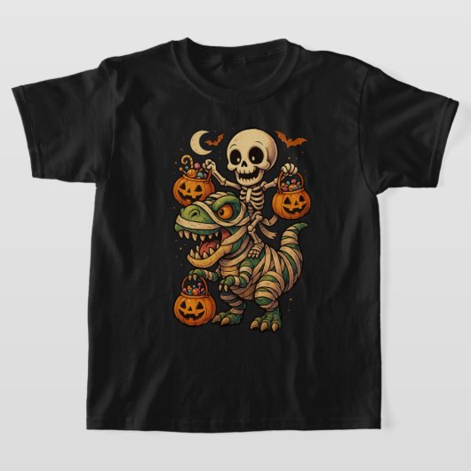 Griezelige Skelet & Mummie T-Rex Halloween Ontwerp T-shirt (Laagn)