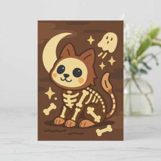 Griezelige skeletkat en spookuitnodiging kaart (Staand voorkant)