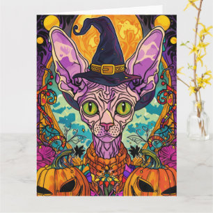 Griezelige Sphynx Kat Halloween Heks En Pompoen Kaart