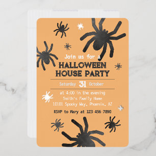 Griezelige Spider Happy Halloween-feestuitnodiging Folie Uitnodiging