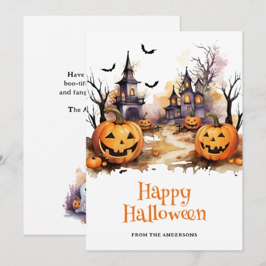 Griezelige Spokenhuis Pompoenen Fijne Halloween Ka Feestdagenkaart (Voorkant / Achterkant)