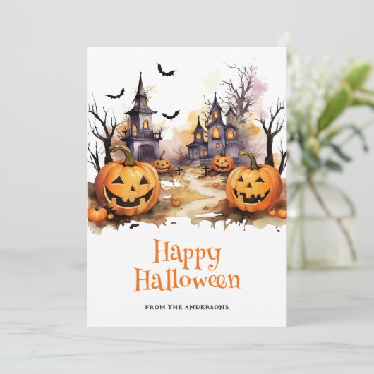 Griezelige Spokenhuis Pompoenen Fijne Halloween Ka Feestdagenkaart (Staand voorkant)