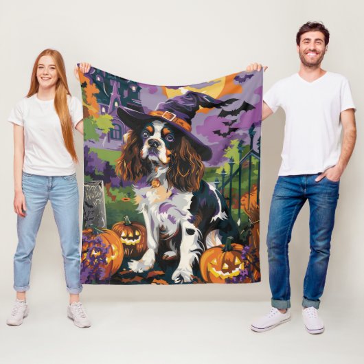 Griezelige Springer Spaniel Halloween Heks Pompoen Fleece Deken (In situ)