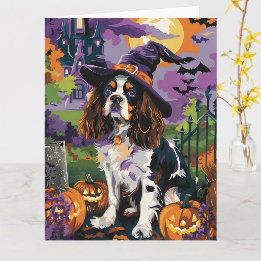 Griezelige Springer Spaniel Halloween Heks Pompoen Kaart (Gele Bloem)