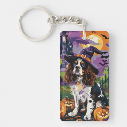 Griezelige Springer Spaniel Halloween Heks Pompoen Sleutelhanger (Voorkant)