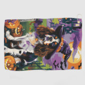 Griezelige Springer Spaniel Halloween Heksenpompoe Golfhanddoek (Horizontaal)