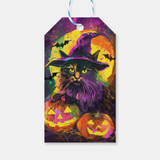 Griezelige Turkse Angora Kat Halloween Heks Pompoe Cadeaulabel (Voorkant)