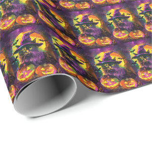 Griezelige Turkse Angora Kat Halloween Heks Pompoe Cadeaupapier