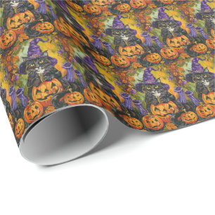 Griezelige Tuxedo Kat Halloween Heks en Pompoen Cadeaupapier