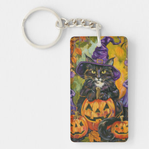 Griezelige Tuxedo Kat Halloween Heks en Pompoen Sleutelhanger