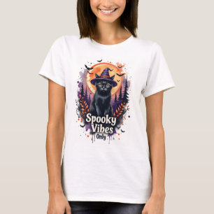 Griezelige Vibes Zwarte Kat Halloween T-Shirt voor