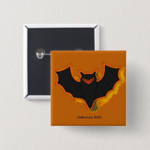 Griezelige Vleermuis Halloween Knop Oranje Thema Vierkante Button 5,1 Cm