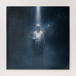 Griezelige witte gewaden figuur in het universum legpuzzel