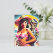 Griezelige Zombie Strand Pin-up Briefkaart (Staand voorkant)