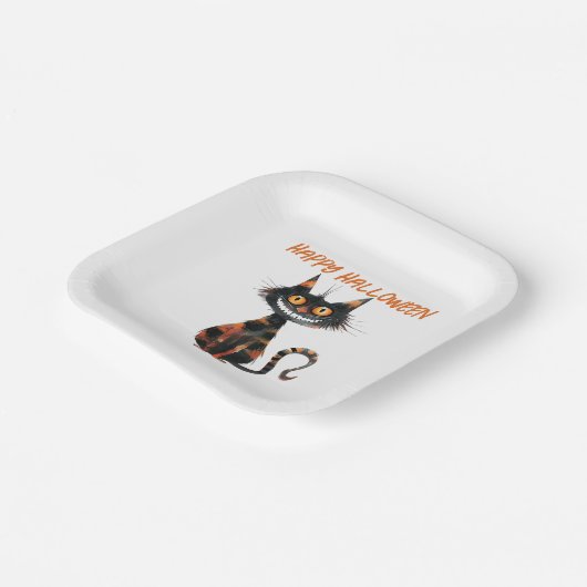 Griezelige zwarte en Oranje kat Halloween Papieren Bordje (Gebogen)