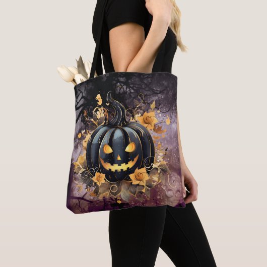 Griezelige Zwarte Jack-O' Lantern Kerkhof Hallowee Tote Bag (Dichtbij)