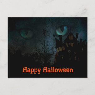 Griezelige Zwarte Kat Halloween Ansichtkaart Briefkaart