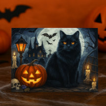 Griezelige Zwarte Kat Halloween Ansichtkaart