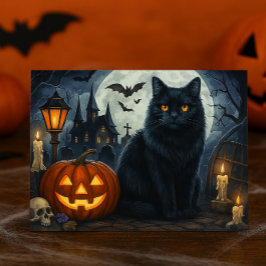 Griezelige Zwarte Kat Halloween Ansichtkaart Briefkaart