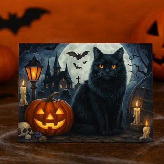 Griezelige Zwarte Kat Halloween Ansichtkaart Briefkaart