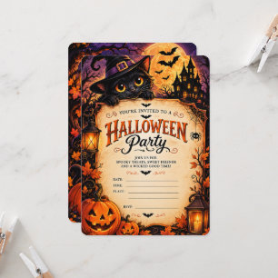 Griezelige Zwarte Kat Halloween Uitnodiging