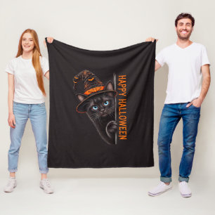 Griezelige Zwarte Kat Heksenhoed Halloween Fleece Deken