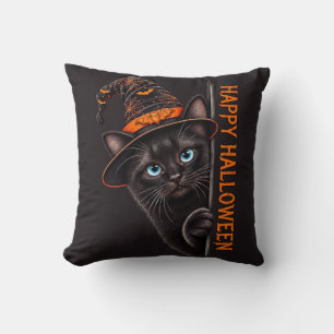 Griezelige Zwarte Kat Heksenhoed Halloween Kussen