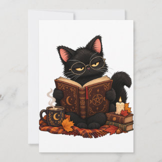 Griezelige Zwarte Kat Leest Boek Halloween Uitnodi Kaart