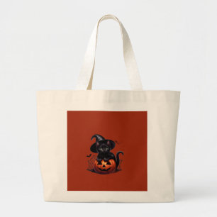 Griezelige Zwarte Kat & Pompoen Halloween Canvas T Grote Tote Bag