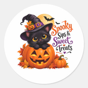 Griezelige Zwarte Kat & Pompoen Halloween Sticker