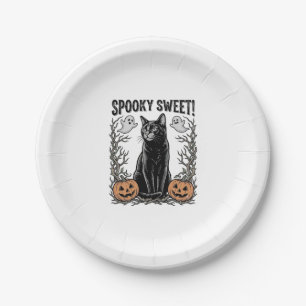 Griezelige Zwarte Kat Vintage Halloween Gravure Sh Papieren Bordje