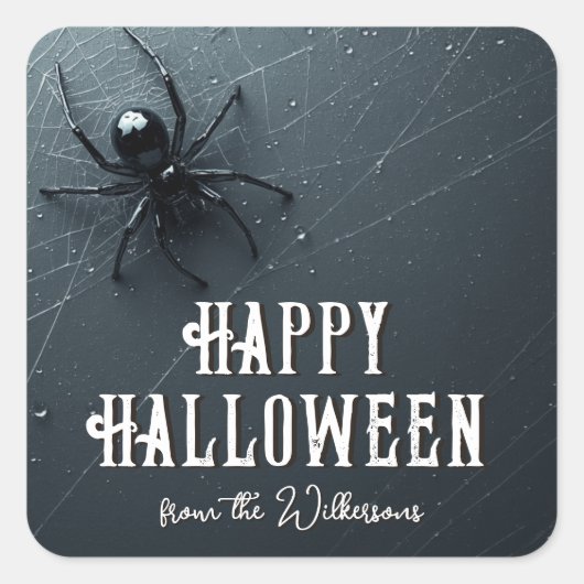 Griezelige Zwarte Spin en Web Halloween Feest Vierkante Sticker (Voorkant)