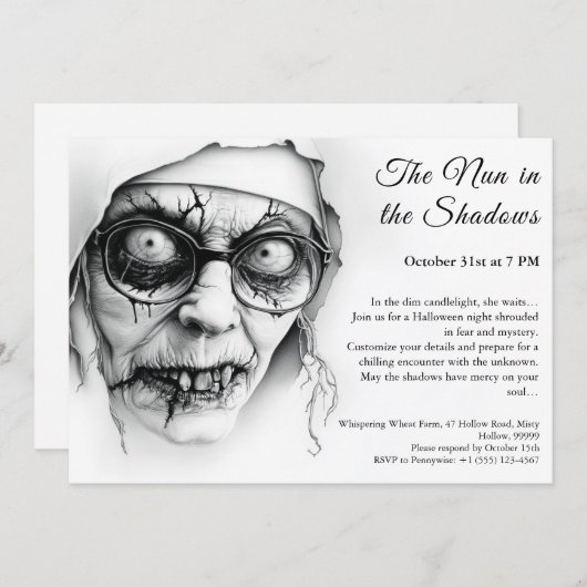 Griezelnonne Halloween Uitnodiging Spoken Religie (Voorkant / Achterkant)