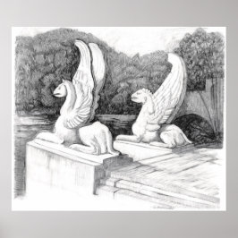 Griffins sculptuur monochrome potlood Art Poster