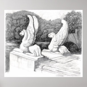 Griffins sculptuur monochrome potlood Art Poster