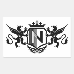 Griffioenen aan weerszijden van een schild met de  rechthoekige sticker