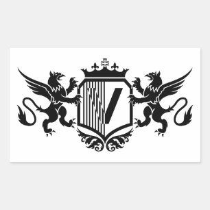 Griffioenen aan weerszijden van een schild met de  rechthoekige sticker