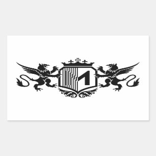 Griffioenen aan weerszijden van een schild met de  rechthoekige sticker