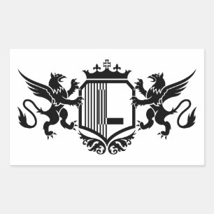 Griffioenen aan weerszijden van een schild met de rechthoekige sticker