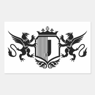 Griffioenen aan weerszijden van een schild met de  rechthoekige sticker