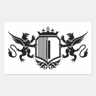 Griffioenen aan weerszijden van een schild met de  rechthoekige sticker