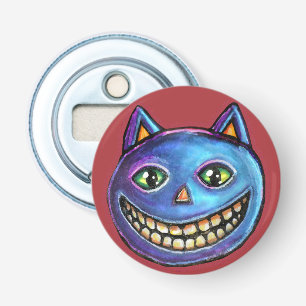 Grijnzende Blauwe Kat Vintage Halloweenies Button Flesopener