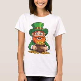 Grijnzende Cartoon Leprechaun met Schatkist T-shirt