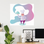 Grijnzende Chef met Snor en Dienblad Poster (Thuiskantoor)