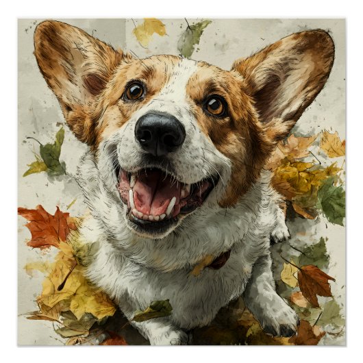 Grijnzende Corgi Herfstvreugde Perfect Poster (Voorkant)