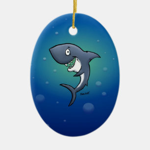 Grijnzende grappige haai op blauwe achtergrond keramisch ornament