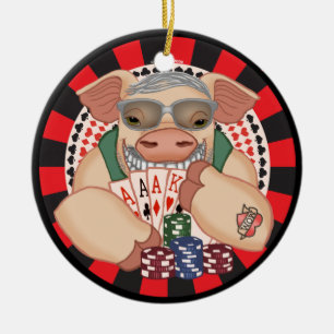Grijnzende poker varken keramisch ornament