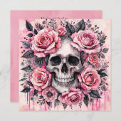 Grijnzende Schedel en Roze Rozen Gotiek Kaart (Voorkant / Achterkant)