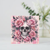 Grijnzende Schedel en Roze Rozen Gotiek Kaart (Staand voorkant)