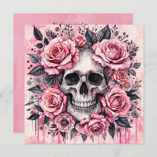 Grijnzende Schedel en Roze Rozen Gotisch Kaart (Voorkant / Achterkant)